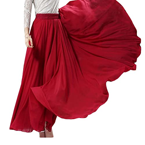 Damen Dreilagig Maxi Large Swing fließender Chiffon-Tanzrock Latein Tänze Walzer Tango Jazz Faltenrock in A-Linie Lässiger Langer Tellerrock Schmaler Strand-Fee-Tanzrock WineRot3 XL von GUOCU