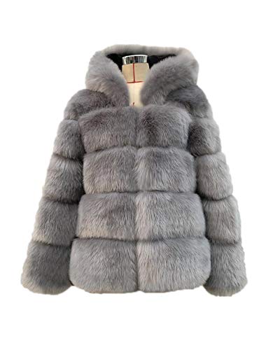 Damen Faux Pelz Mantel Casual Jacke Kunstpelz Mantel Pelzmantel Felljacke Warme Plüschmantel mit Kapuze Winter Dicke Faux Fur Jacke Kunstfell Coat Lange Parka Kapuzenjacke Wintermantel Hellgrau XXL von GUOCU
