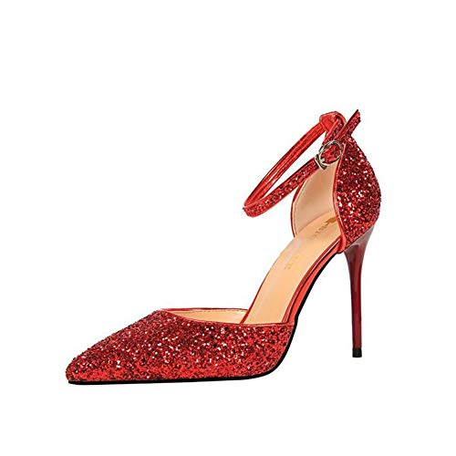 Damen Funkeln High Heel Riemchen Spitz Geschlossene Zehe Mary Janes Stiletto Party Abiball Clubbing Pumps rot EU 39 von GUOCU
