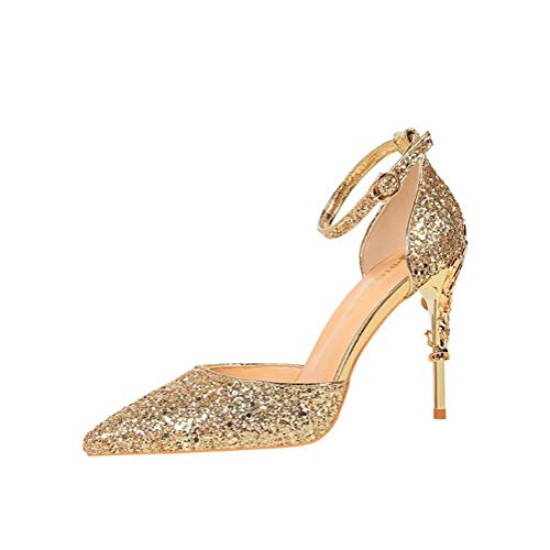Damen High Heel Funkeln Spitz Riemchen Stiletto Party Abiball Clubbing Mary Janes Bequeme Pumps Gold EU 37 von GUOCU