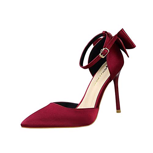 Damen High Heel Geschlossen Zehe Spitz Bogen Fliege Pumps Mary Janes Hochzeit Party Brautschuhe Stilettos Dunkelrot EU 38 von GUOCU