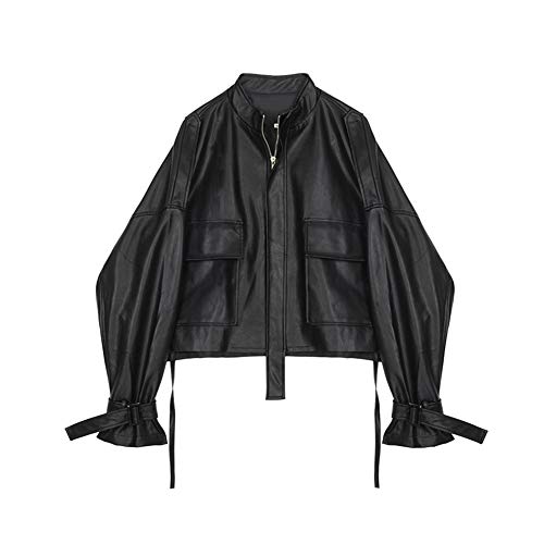 Damen Kurz Kunstleder Jacke Lose PU Lederjacke mit Stehkragen,Spring Cropped Jacke Kurzemantel College Jacke mit Großen Taschen,Mädchen Lässige Motorradjacke Bikerjacke mit Reißverschluss M von GUOCU