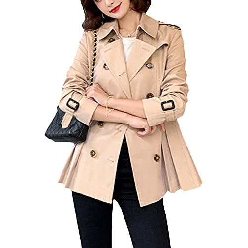 Damen Kurz Trenchcoat Zweireiher Slim Fit Revers Mantel Leichte Jacke im Retro Stil Frühjahr Herbst Mode Übergangsjacke Kurz Blazer Jacke Windbreaker mit Gürtel Klassische Winddichter Gürtelmäntel von GUOCU