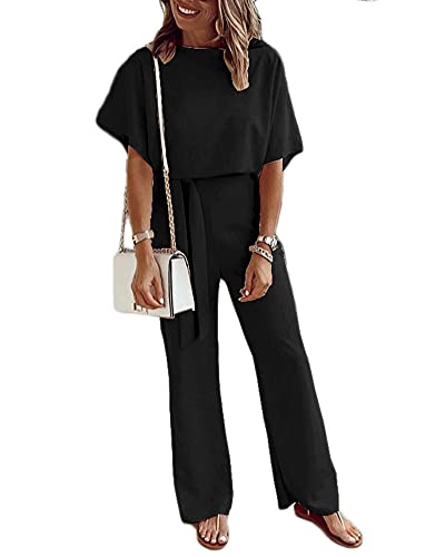 Damen Kurzarm Elegant Overall Lang Jumpsuit Business Einteiler Hosenanzug O Ausschnitt Einfarbig Beiläufig Sommer Gerade Weite Beine Schnürung Playsuit,Schwarz,3XL von GUOCU