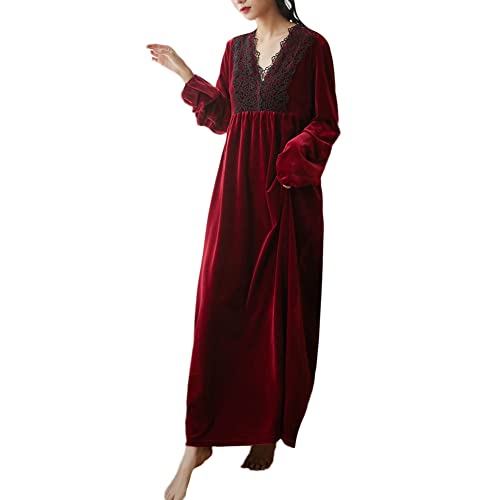 Damen Langarm Nachthemd mit V-Ausschnitt Romantische Viktorianische Vintage Nachthemden Palaststil Lang Kleid Pyjamas mit Spitzendekoration Warmer Gold Samt Nachtwäsche Nachtkleid Schlafanzug A L von GUOCU