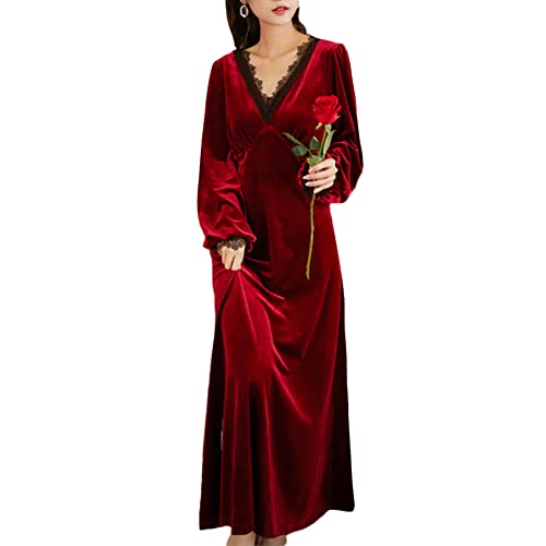 Damen Langarm Nachthemd mit V-Ausschnitt Romantische Viktorianische Vintage Nachthemden Palaststil Lang Kleid Pyjamas mit Spitzendekoration Warmer Gold Samt Nachtwäsche Nachtkleid Schlafanzug D M von GUOCU