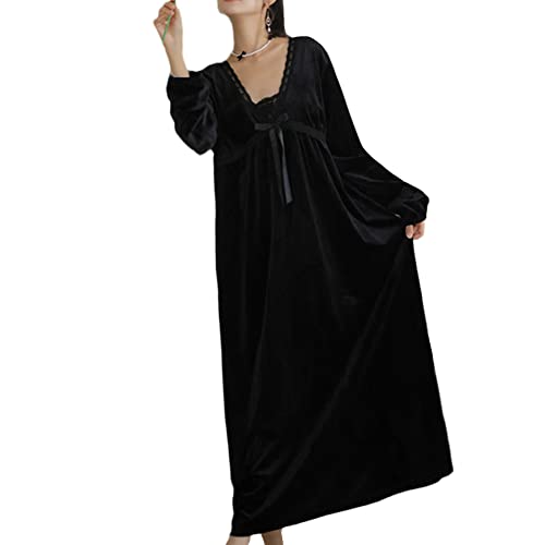 Damen Langarm Nachthemd mit V-Ausschnitt Romantische Viktorianische Vintage Nachthemden Palaststil Lang Kleid Pyjamas mit Spitzendekoration Warmer Gold Samt Nachtwäsche Nachtkleid Schlafanzug J L von GUOCU