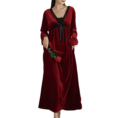 Damen Langarm Nachthemd mit V-Ausschnitt Romantische Viktorianische Vintage Nachthemden Palaststil Lang Kleid Pyjamas mit Spitzendekoration Warmer Gold Samt Nachtwäsche Nachtkleid Schlafanzug K L von GUOCU