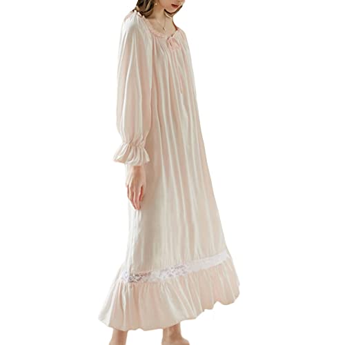 Damen Langarm Nachtkleid Viktorianisches Stil Nachthemd Vintage Nachtwäsche Spitze Lounge Kleid Pyjama Schlafhemd Prinzessin Stil Nachtkleid aus Gaze Retro Kleid Schlafanzug Nachthemden Rosa XL von GUOCU