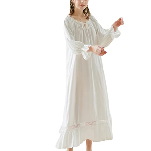 Damen Langarm Nachtkleid Viktorianisches Stil Nachthemd Vintage Nachtwäsche Spitze Lounge Kleid Pyjama Schlafhemd Prinzessin Stil Nachtkleid aus Gaze Retro Kleid Schlafanzug Nachthemden Weiß M von GUOCU