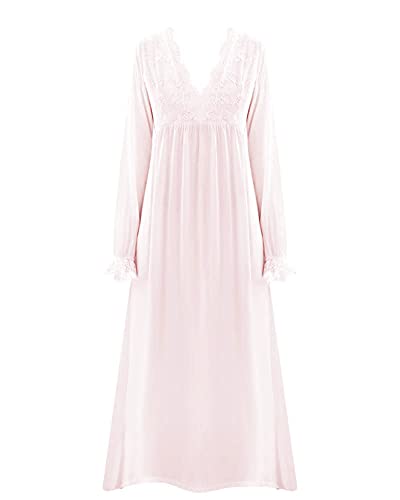 Damen Lange Ärmel Nachtkleid Vintage Viktorianische Schlafanzug mit Spitze V-Ausschnitt Lange Pyjamas Pure Farbe Nachthemd Prinzessin Stil Schlafhemd Nachthemd Rosa L von GUOCU