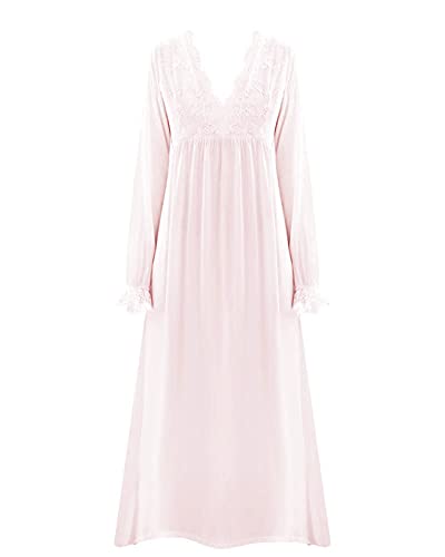 Damen Lange Ärmel Nachtkleid Vintage Viktorianische Schlafanzug mit Spitze V-Ausschnitt Lange Pyjamas Pure Farbe Nachthemd Prinzessin Stil Schlafhemd Nachthemd Rosa S von GUOCU