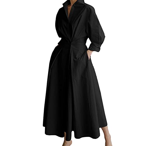 Damen Langes Kleid Langarm V-Ausschnitt Blusenkleider Retro Revers Einfarbiges Hemdkleid Lockeres Lässiges Kleid mit Langen Ärmeln und Taschen,Shirtkleid Damen Partykleider Cocktailkleid Schwarz S von GUOCU