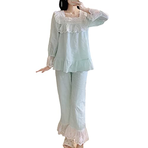 Damen Mädchen Pyjama Set Schlafanzug Langarm Nachtwäsche Zweiteiliger Lang Hose und Tops Süßer Prinzessin-Stil Pyjamas aus Spitze Weich Damen Lounge Sets Hausanzug GrünB L Damen Mädchen Pyjama Set Schlafanzug Langarm Nachtwäsche Zweiteiliger Lang Hose und Tops Süßer Prinzessin-Stil Pyjamas aus Spitze Weich Damen Lounge Sets Hausanzug GrünB L von GUOCU