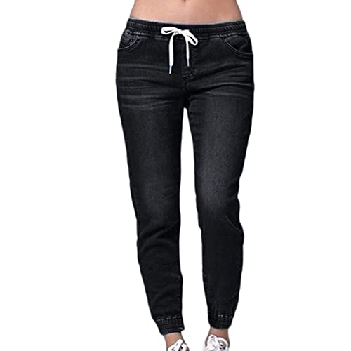 Damen Mittlere Taille Jeans Straight Slim Einfarbig Große Größen Baggy Denim Hosen Straight Stretch Gummizug Taschen Basic Lang Röhrenjeans mit Gummibund Kordelzug,Schwarz,5XL von GUOCU