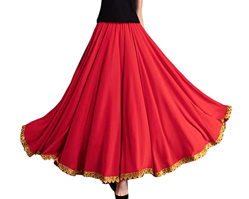 Damen Moderner Standard Ballsaal Karnevalsrock Bauchtanz Rock Hohe Taille Großer Swing-Chiffon Langer Rock-Tanz Fließender Maxirock lang Rock mit Paillettenbesatz DRot L von GUOCU