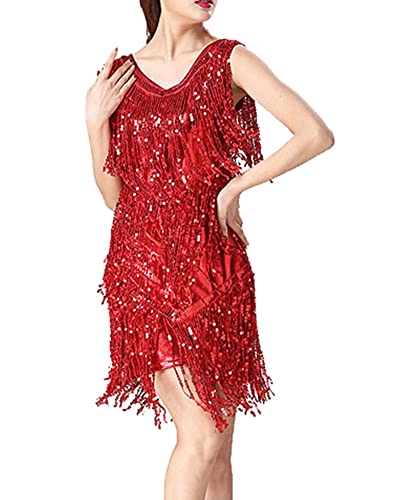 Damen Pailletten Tanzkleid Metallic Fransen Sparkly Shiny Quasten Lateinisches Tanzkleid Karneval Doppelter V-Ausschnitt Flapper Kleid Cha Cha Rumba Salsa Tanzbauch Midikleid rot XL von GUOCU