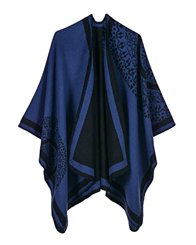 Damen Paisley-Stil Doppelseitiger Jacquard-Wrap Poncho in Übergröße Pullover-Decke Offene Vorderseite Großer Überwurf Schal Cape Poncho Stricken Mantel Blau von GUOCU