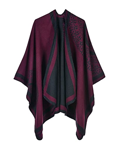 Damen Paisley-Stil Doppelseitiger Jacquard-Wrap Poncho in Übergröße Pullover-Decke Offene Vorderseite Großer Überwurf Schal Cape Poncho Stricken Mantel WineRot von GUOCU