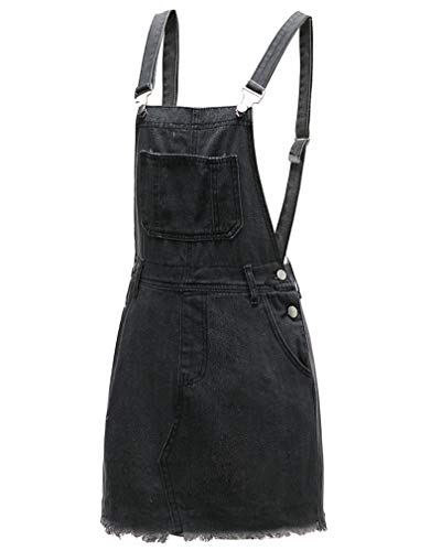 Damen Retro Distressed Jeansrock Denimrock Verstellbarer Riemen Kurze Latzkleid Casual Overall Latzrock Grau M von GUOCU