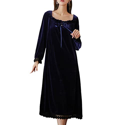 Damen Retro Goldener Samt Nachtkleid Viktorianisches Nachthemd mit Spitze Dekoration Vintage Nachtwäsche Herbst Winter Warme Langarm Kleid Schlafanzug Gericht Stil Nachtwäsche Lange Pyjamas Blau M von GUOCU