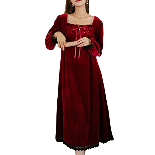 Damen Retro Goldener Samt Nachtkleid Viktorianisches Nachthemd mit Spitze Dekoration Vintage Nachtwäsche Herbst Winter Warme Langarm Kleid Schlafanzug Gericht Stil Nachtwäsche Lange Pyjamas Weinrot L von GUOCU