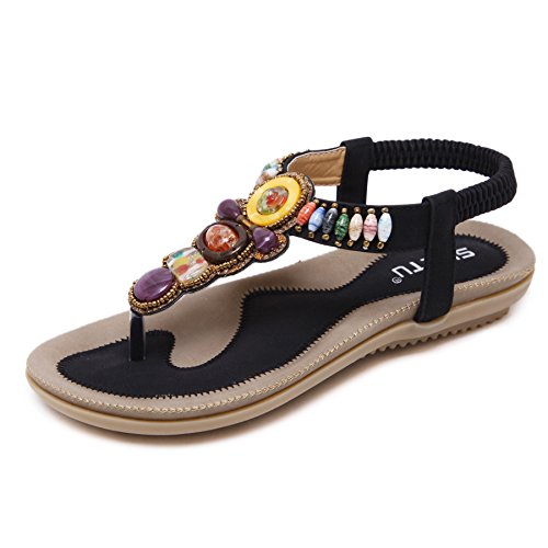 Damen Sandalen Zehentrenner Sommer Strand Schuhe Bohemian Strass Flach Sandaletten Schwarz 41 Damen Sandalen Zehentrenner Sommer Strand Schuhe Bohemian Strass Flach Sandaletten Schwarz 41 von GUOCU
