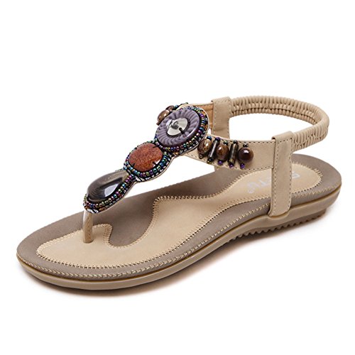 Damen Sommer Bohemia PU Leder Flach Zehentrenner Sandalen mit Gefälschter Edelstein Aprikose 42 von GUOCU