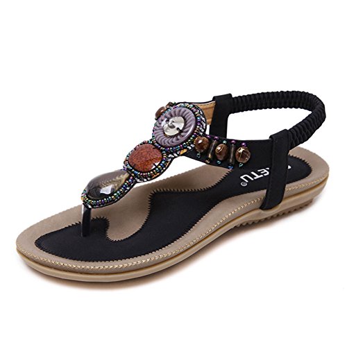 Damen Sommer Bohemia PU Leder Flach Zehentrenner Sandalen mit Gefälschter Edelstein Schwarz 42 von GUOCU