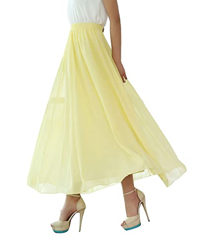 Damen Sommer Frühling Hohe Taille Faltenrock Tanzrock Chiffon-Salsa-Rumba-Rock Strand-Flamenco-Tanz-Swing-Lange Röcke Petticoat A-Linie Plissee Festival Übungsrock Gelb S von GUOCU