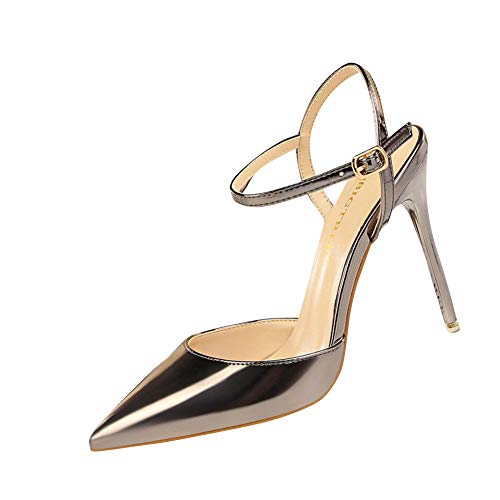 Damen Spitz High Heel Frauen Bequeme Lack Stilettos Riemchen Hochzeit Brautschuhe Party Abiball Pumps Abendschuhe Kupfer EU 37 von GUOCU