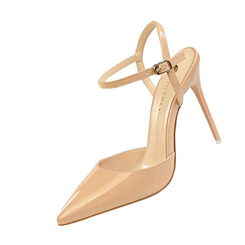 Damen Spitz High Heel Frauen Bequeme Lack Stilettos Riemchen Hochzeit Brautschuhe Party Abiball Pumps Abendschuhe NakedColor EU 37 von GUOCU