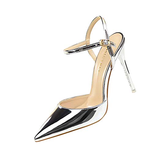 Damen Spitz High Heel Frauen Bequeme Lack Stilettos Riemchen Hochzeit Brautschuhe Party Abiball Pumps Abendschuhe Silber EU 40 von GUOCU