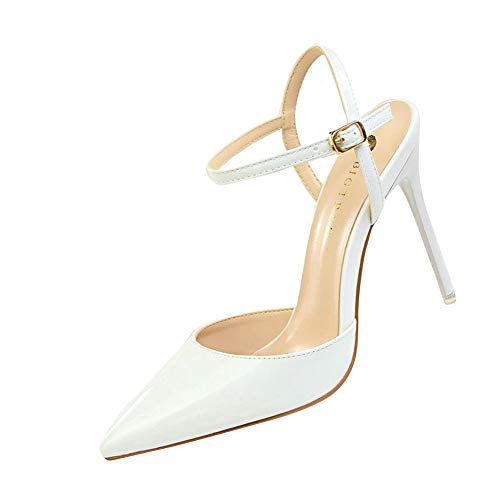 Damen Spitz High Heel Frauen Bequeme Lack Stilettos Riemchen Hochzeit Brautschuhe Party Abiball Pumps Abendschuhe Weiß EU 38 von GUOCU
