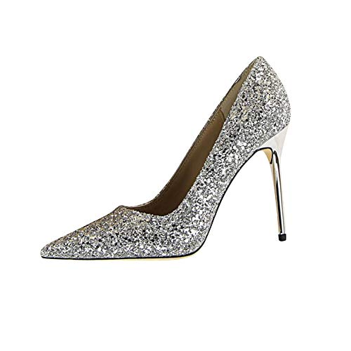 Damen Spitz High Heel Frauen Funkeln Stilettos Sexy Party Nachtclub Schuhe Abendschuhe Pumps Silber EU 43 von GUOCU