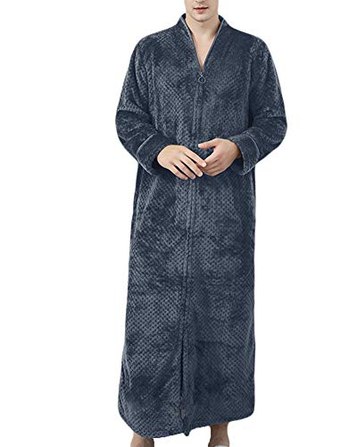 Damen Und Herren Flanell Bademantel Frottee Bademantel V-Ausschnitt Kimono Roben Nachthemd Lange Bademäntel Weich Morgenmäntel Mit Durchgehendem Reißverschluss Weich Und Warm Pyjama,Grau Männer,XL von GUOCU