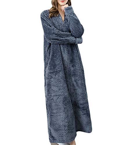 Damen Und Herren Flanell Bademantel Frottee Bademantel V-Ausschnitt Kimono Roben Nachthemd Lange Bademäntel Weich Morgenmäntel Mit Durchgehendem Reißverschluss Weich Und Warm Pyjama,Grau Frauen,L von GUOCU