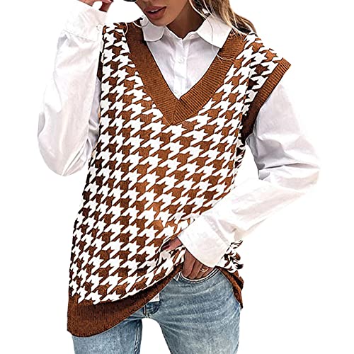 Damen V-Ausschnitt Pullunder Vintage Hahnentritt Karierte Strickweste Ärmellose Pullover Strickpullunder Casual Strick Tank Top Sweater Mädchen Herbst Preppy Style Karierte Stricken Weste Kaffee L von GUOCU