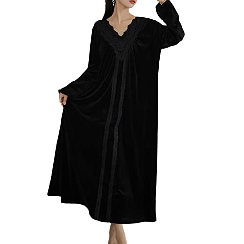 Damen Vintage Viktorianische Goldenem Samt Nachthemd Langarm Nachtkleid Schlafanzug Herbst Winter V-Ausschnitt Langes Kleid Warme Pyjamas Palaststil Schlafhemd Spitzendekoration Nachtwäsche Schwarz L von GUOCU