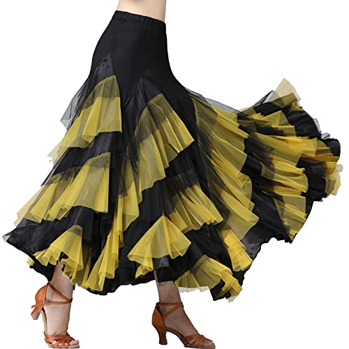 Damen Walzer Tango Latein Tanz Ballsaal Kostüm Maxi Rock Festival Tribal Samba Tango ChaCha Mehrlagiger Gaze Flamenco Karneval Professioneller Langrock Tanzkleid Große Schauke Tanzrock Gelb M von GUOCU