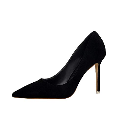 Damen Wildlederoptik High Heel Spitz Geschlossene Zehe Stiletto Elegant Party Abiball Büroarbeit Pumps Schwarz EU 37 von GUOCU