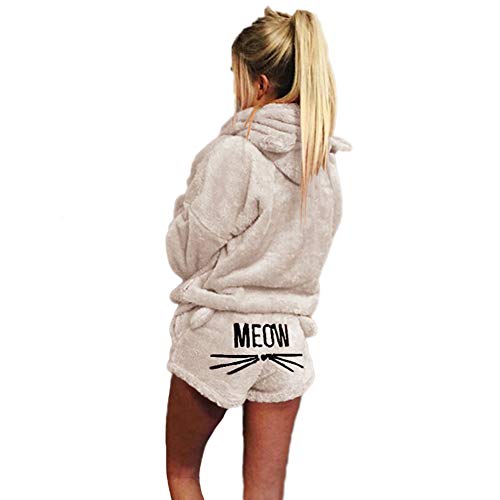 Damen Winter Warmer Pyjamas Set Mädchen Zweiteiliger Nette Katzen Meow Pyjamas Kapuzenpullover Hoodie und Shorts Samt Langarm Nachtwäsche mit Kapuze Hosenanzug Schlafanzug+Kurze Hosen C S von GUOCU