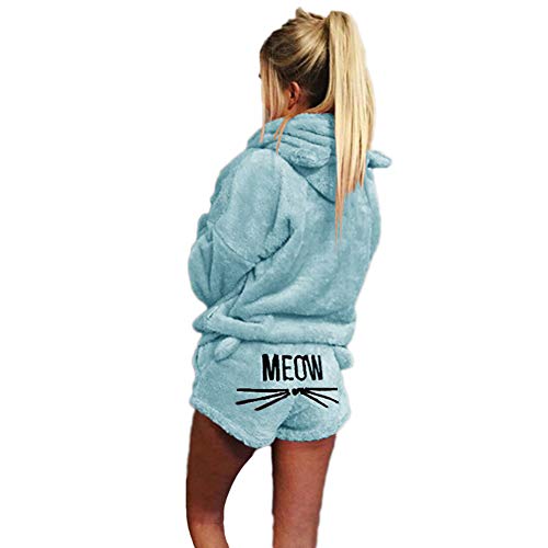 Damen Winter Warmer Pyjamas Set Mädchen Zweiteiliger Nette Katzen Meow Pyjamas Kapuzenpullover Hoodie und Shorts Samt Langarm Nachtwäsche mit Kapuze Hosenanzug Schlafanzug+Kurze Hosen D 4XL von GUOCU