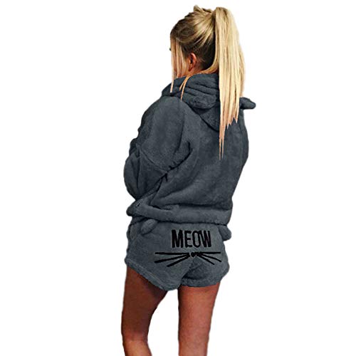 Damen Winter Warmer Pyjamas Set Mädchen Zweiteiliger Nette Katzen Meow Pyjamas Kapuzenpullover Hoodie und Shorts Samt Langarm Nachtwäsche mit Kapuze Hosenanzug Schlafanzug+Kurze Hosen H XXL von GUOCU