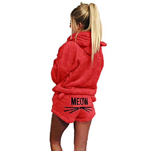 Damen Winter Warmer Pyjamas Set Mädchen Zweiteiliger Nette Katzen Meow Pyjamas Kapuzenpullover Hoodie und Shorts Samt Langarm Nachtwäsche mit Kapuze Hosenanzug Schlafanzug+Kurze Hosen J M von GUOCU