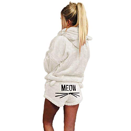 Damen Winter Warmer Pyjamas Set Mädchen Zweiteiliger Nette Katzen Meow Pyjamas Kapuzenpullover Hoodie und Shorts Samt Langarm Nachtwäsche mit Kapuze Hosenanzug Schlafanzug+Kurze Hosen O 3XL von GUOCU