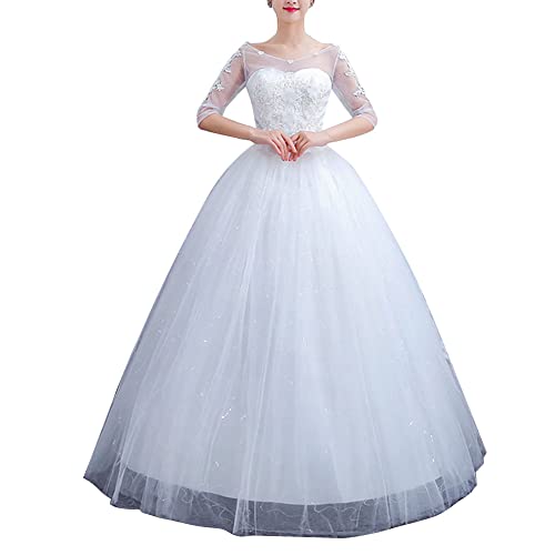 Elegant Hochzeitskleid Damen Lang Vintage Spitze A Linie Hochzeitskleider Brautkleid Prinzessin Glitzer Brautkleider Standesamt Tüll mit Ärmel,Weiß,4XL von GUOCU