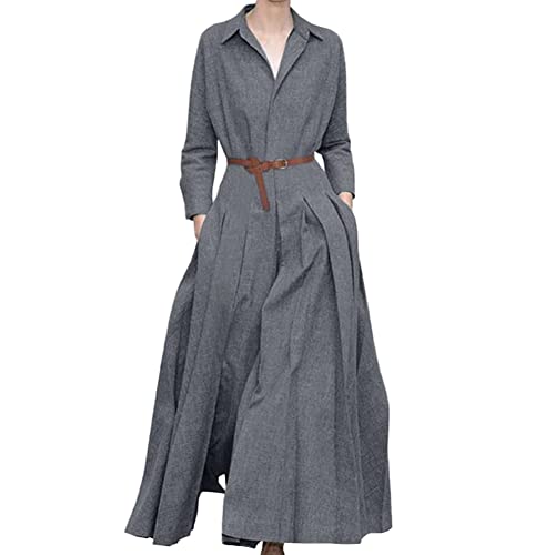 Elegante Blusenkleider Damen V-Ausschnitt Langarm Hemdkleid Große Größe Modisches Lässiges Einfarbiges Langes Kleid Maxikleid Gerafft Freizeitkleid Revers Frühlingskleid mit Langen Ärmeln Grau 3XL von GUOCU