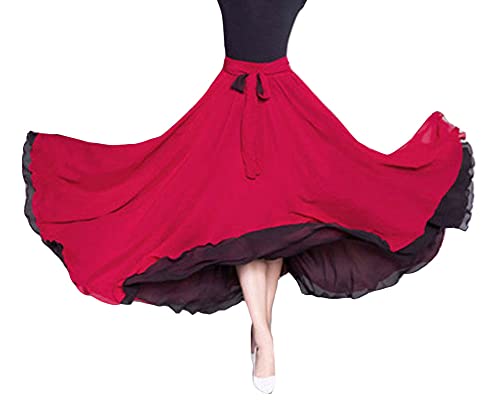 Frauen Doppelseitig Chiffon-Tanz Maxirock Professioneller Praxis-Kreisrock Reversible Lange Flamenco Tango Jazz Kostüm Big Swing-Rock Bauchtanz-Outfit einfarbig mit Taillenband BWineRot S von GUOCU