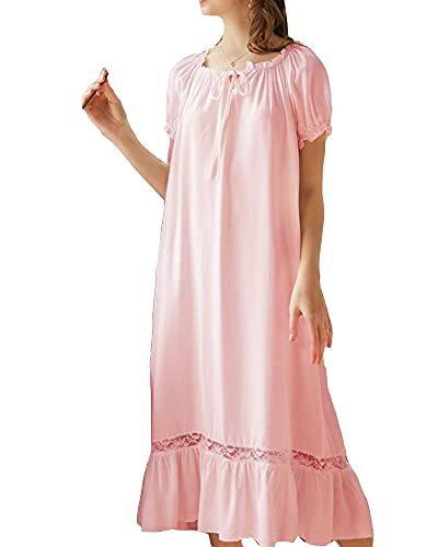 Frauen Lange Ärmel Nachthemd mit Rüschen und Kordelzug Vintage Viktorianisch Spitzen Fließendes Freizeit Nachthemd Pyjama Lounge-Kleid Nachtwäsche Schlafanzug Nachtkleid Loungwear RosaKurz XL von GUOCU